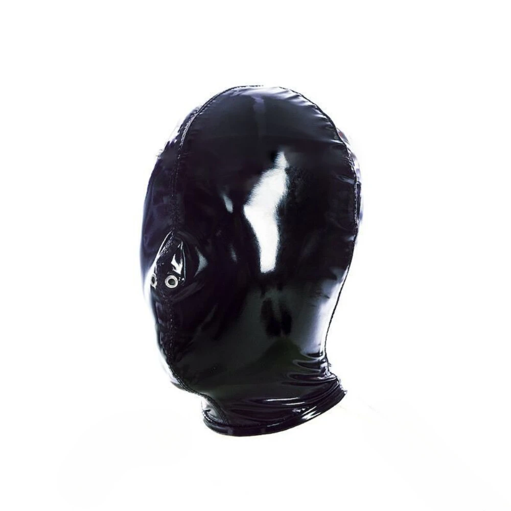 Punk Leather Full Head Bondage Hood  Shiny Elastic Mask, Adult Sex Toy for Role Play Games & Punishment Training