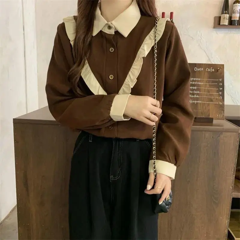 Elegant Turndown Collar Long Sleeve Loose Blouse Spring Autumn Solid Color Splicing Top Fashion Commute Women Clothing Shirt New