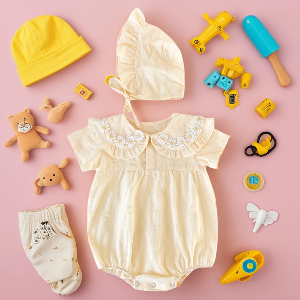 Bodies de Algodão para Bebês Meninas, Roupas de Verão com Manga Curta, Fofas e com Chapéu