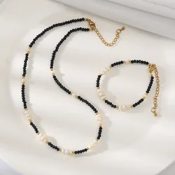 100% Natural Freshwater Pearl & Black Spinel Stone 14K Gold Filled Female Jewelry Set For Women Necklace Bracelet Birthday Gifts