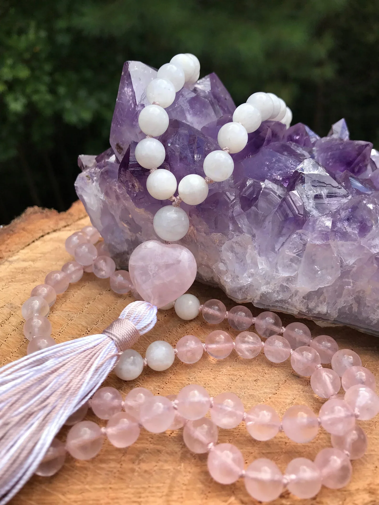 Moonstone & Rose Quartz Mala Necklace | 108 Bead | Divine Love  Feminine  Chakra Healing Meditation Prayer Yoga