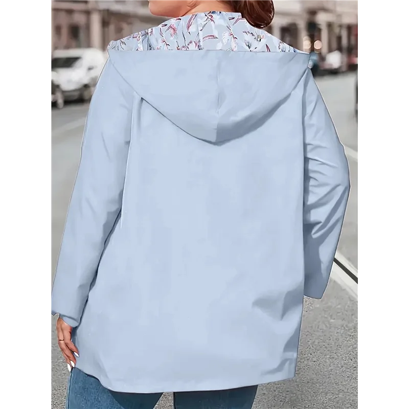 Women Reversible Light-Weight Hooded Zip-Up Long Sleeves Jacket Casual Windbreaker Outerwear Waterproof