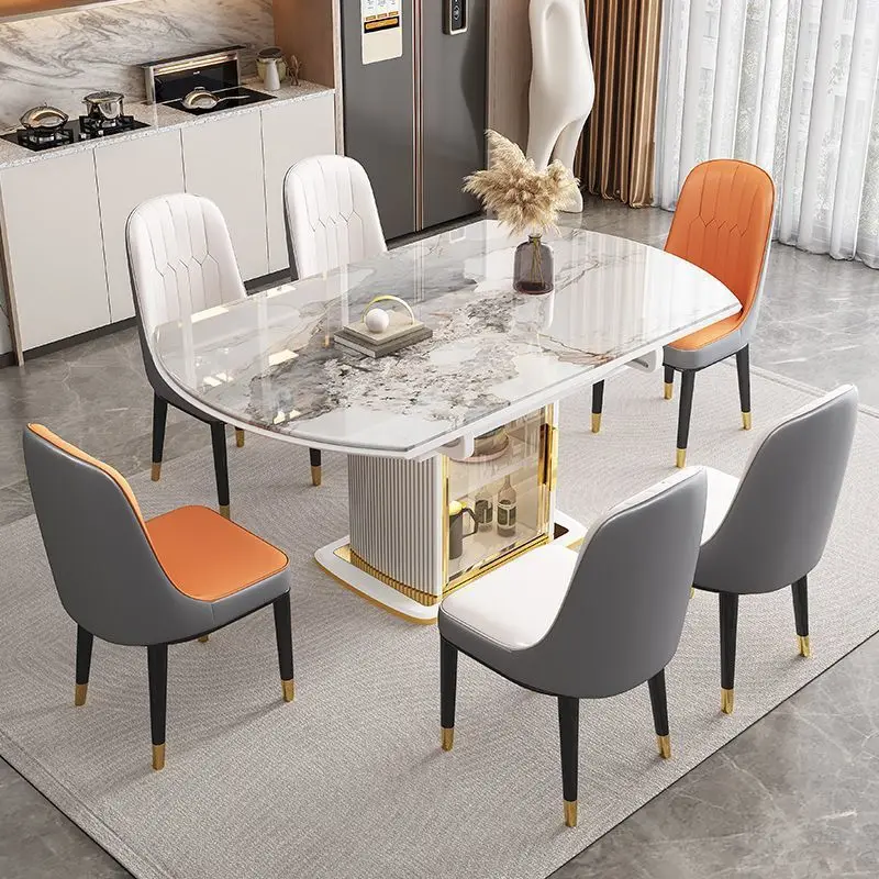 軽奢な岩板IHクッキングヒーター付きダイニングテーブルと椅子、伸縮式収納付き新ダイニングテーブル