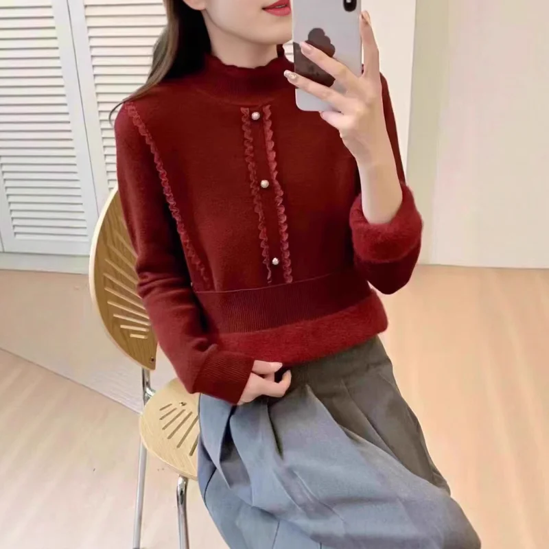 

Women Plus Velvet Thickened Thermal Half Turtleneck Sweater Autumn Winter New Style Lace Knitted Inner Wear Bottoming Shirt Top