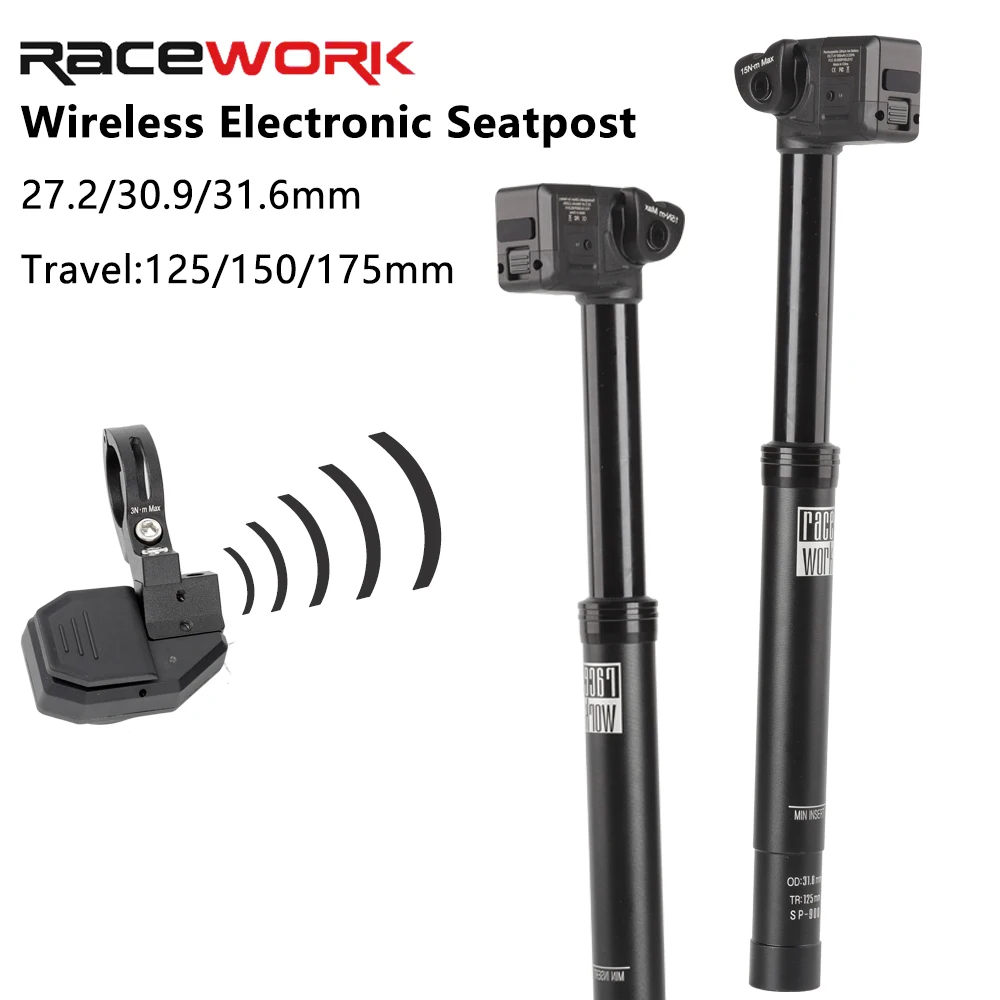 Tige de Selle Électrique Intelligente RACEWORK Sans Fil, Étanche IP67, Rechargeable, Relevement Automatique, Course 125/150/175mm