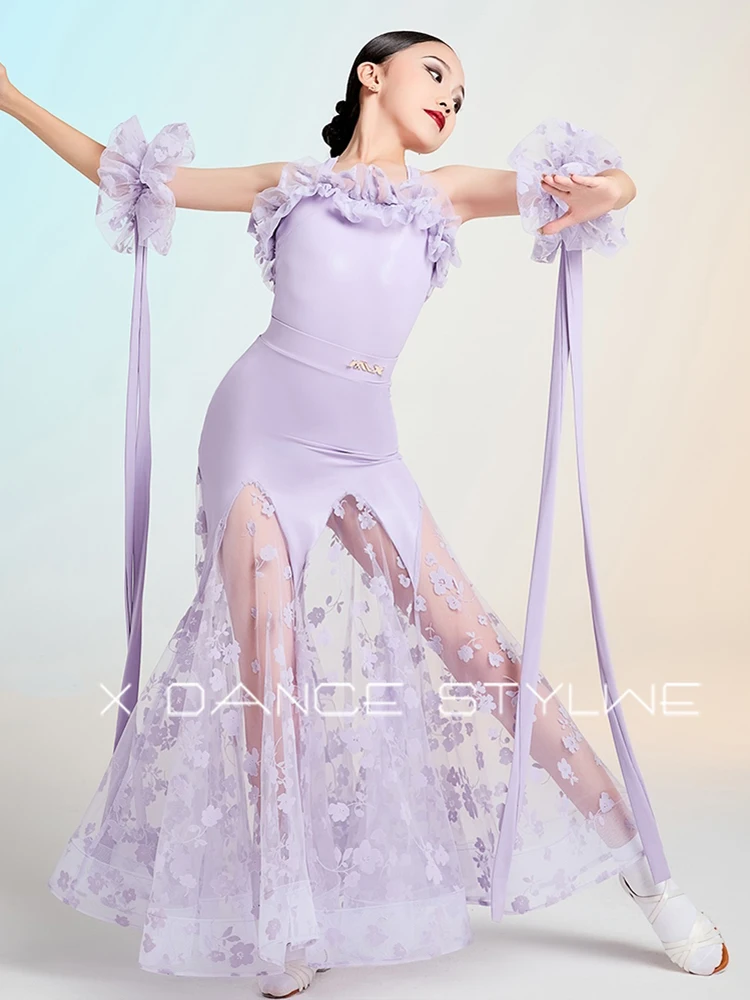 Vestido de dança de salão preto, roupas de dança modernas padrão para meninas, sem mangas, conjunto de saia, roupas de competição de valsa 2648