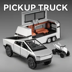 1/24 Tesla Cybertruck Pickup Trailer Alloy Car Model Diecasts Metal Toy Off-road Vehicles Truck Model Sound and Light Kids Gifts