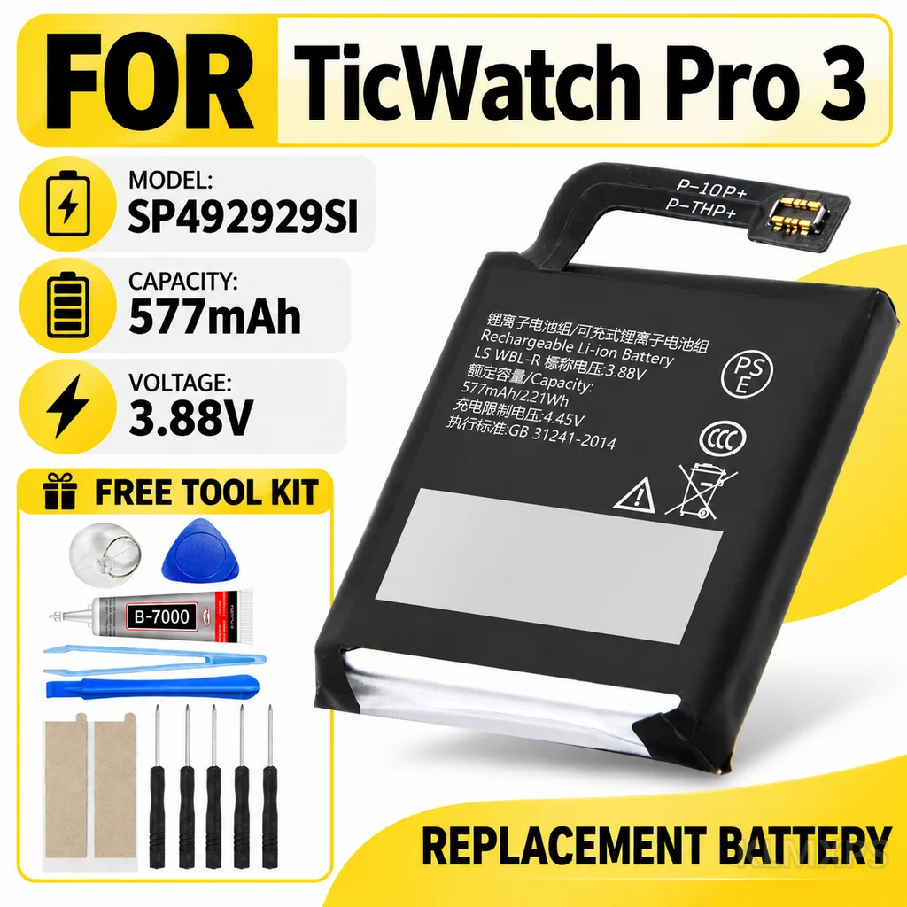 3.88V 577mAh SP492929SI Replacement Battery for TicWatch Pro 3 GPS Wear OS Smartwatch WH11013 with Repair Tools