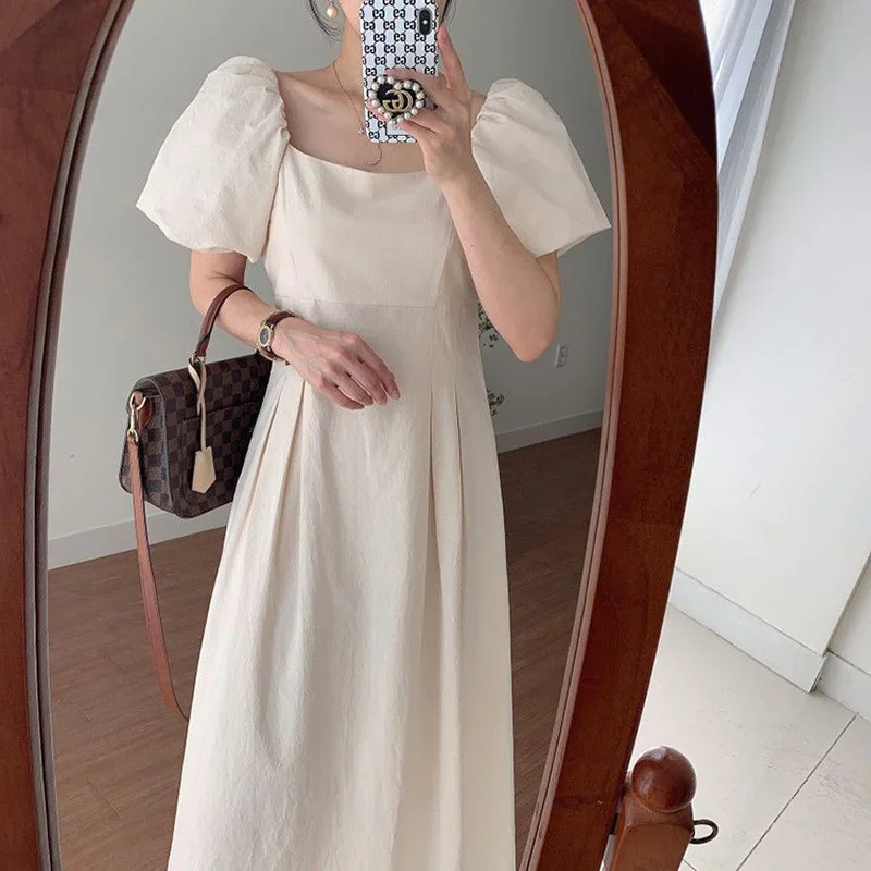 

Korean Solid Casual Chic Elegant Women Dress 2023 Summer Vestido O Neck High Waist Straps Lantern Sleeves Pleated Long Dresses