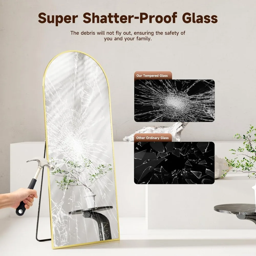 Large Gold Tempered Glass Arched Floor Mirror with Stand, Wall Hanging or Freestanding Body Length Mirrors for Home Décor