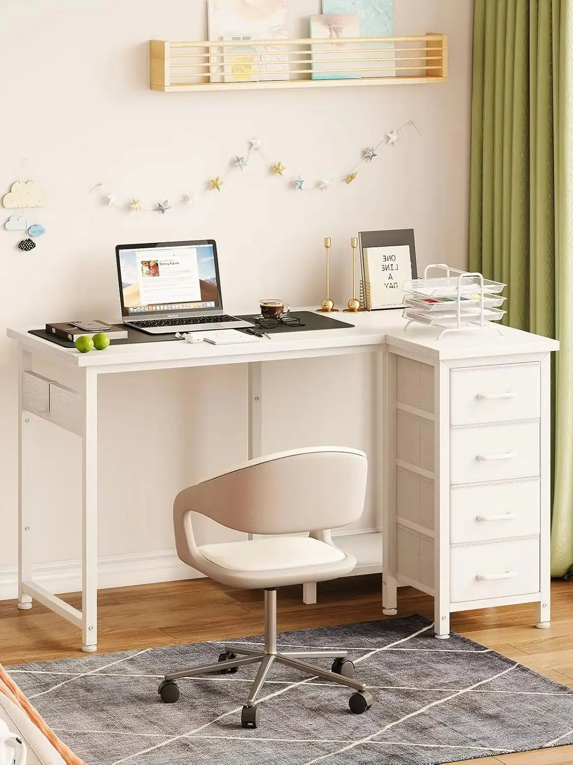 Coleshome Eckschreibtisch, Schreibtisch L Form mit 4 Schubladen, Umkehrbarer Computertisch for Büro Arbeitszimmer Schlafzimmer,  100x70cm, Weiß