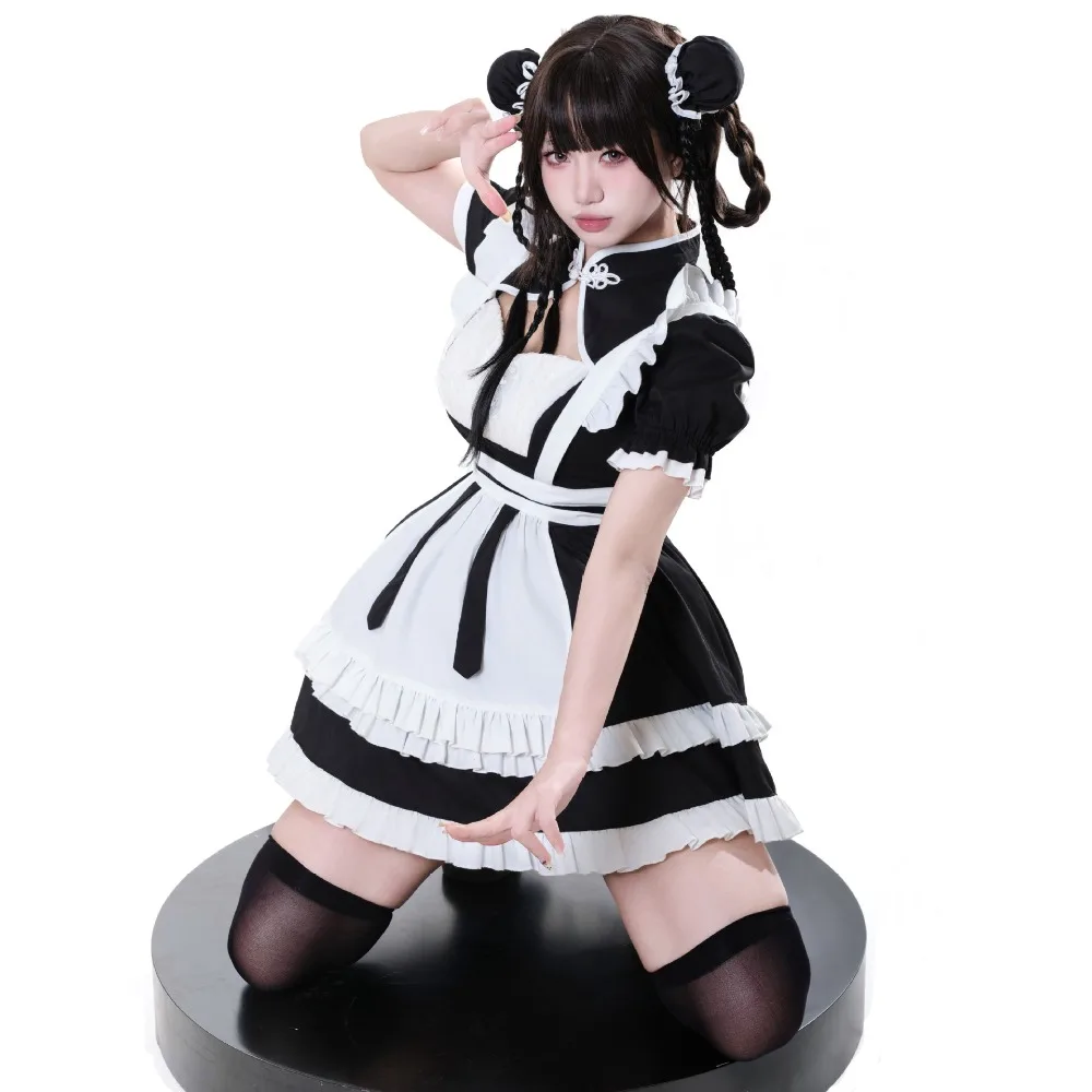 

2025 New Chinese Style Maid Cosplay Set - Cheongsam Lolita Uniform with Apron & Headpiece for Sweet/Spicy Girls