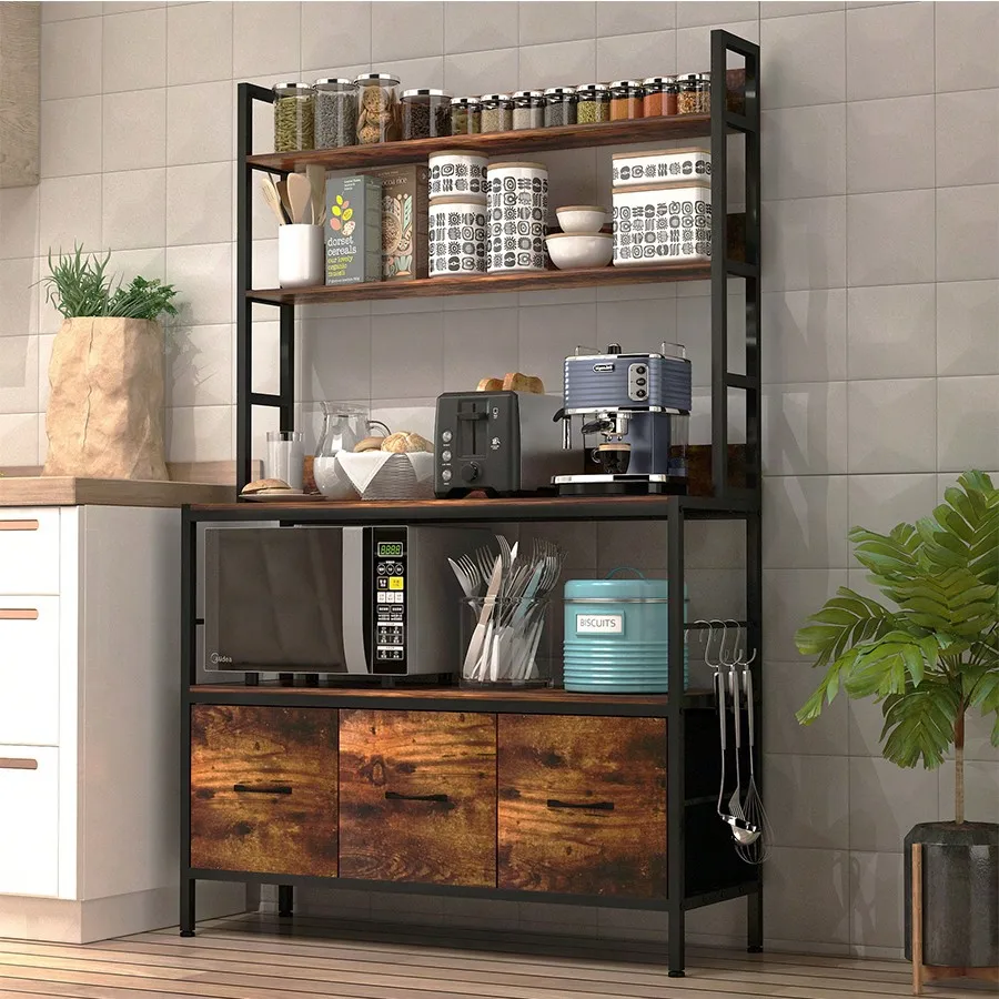 Kitchen Bakers Rack With 3 Baskets,5-Tier Free Standing Kitchen Storage Shelf Rack,Industrial Microwave Oven Stand,Metal Kitchen Organizer Rack With Hooks,Coffee Bar Station,Kitchen Furniture,Brown/Black