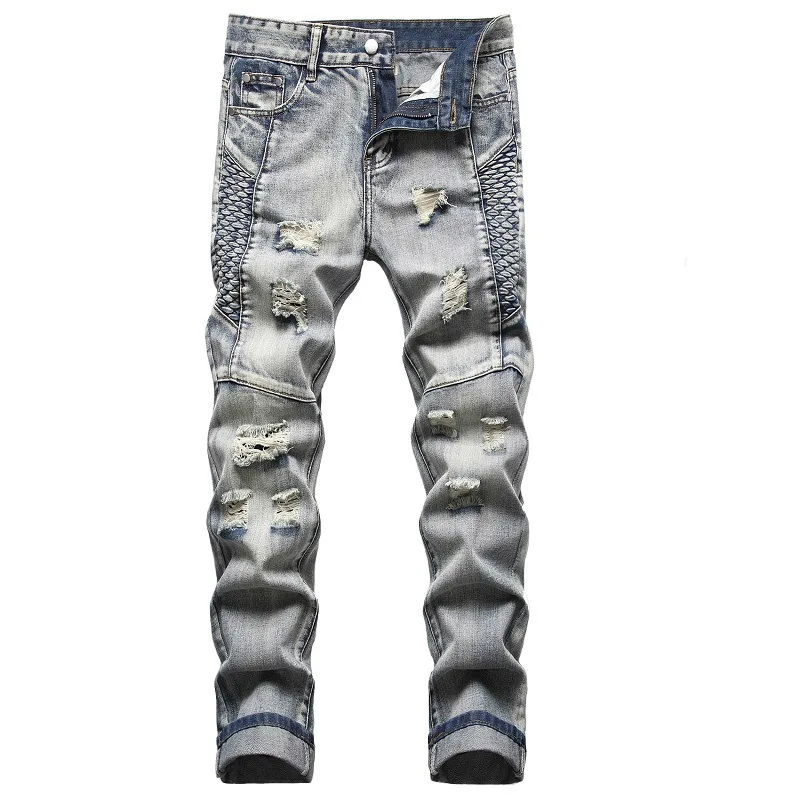 

Hole Jeans Men Straight Pencil Pants Stretch Mid Waist Distressed Washed 2025 Streetwear Skinny Ankle Length Trousers Denims