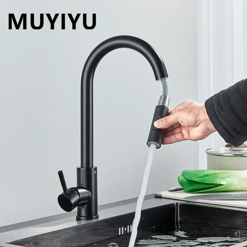 MUIYUIYU Kitchen Faucets Stainless Steel Deck Mounted Pull Out  Bathroom Sink Water Tap Mixer Stream Sprayer Head Hot Cold Taps