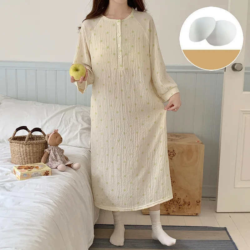 Chest Padded Women\'s Cotton Nightgowns New Korean Loose Sleepwear Home Dress New Long Sleeve Spring Autumn Girls Nightdress