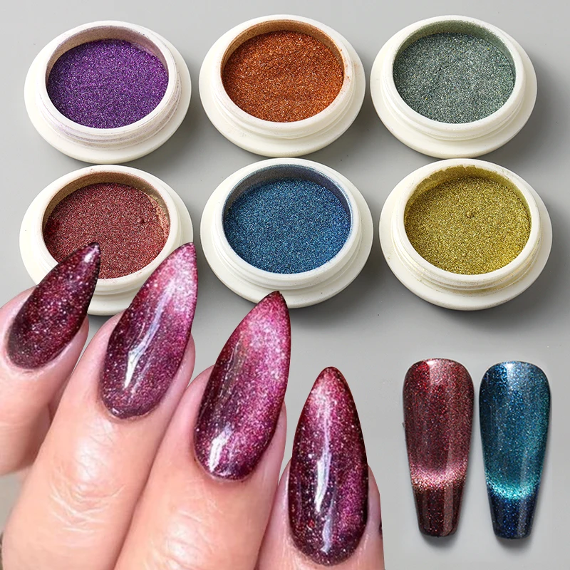 Y2k olho de gato cromo prego em pó espelho de metal camaleão brilho magnético brilhante efeito galáxia fricção pigmento flocos manicure decoração