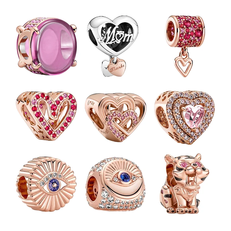 Rose Gold Charms Beads For Jewelry Making DIY Bracelets Women Silver 925 Cabochon Mum Love Heart All-Seeing Eye Feather Tiger