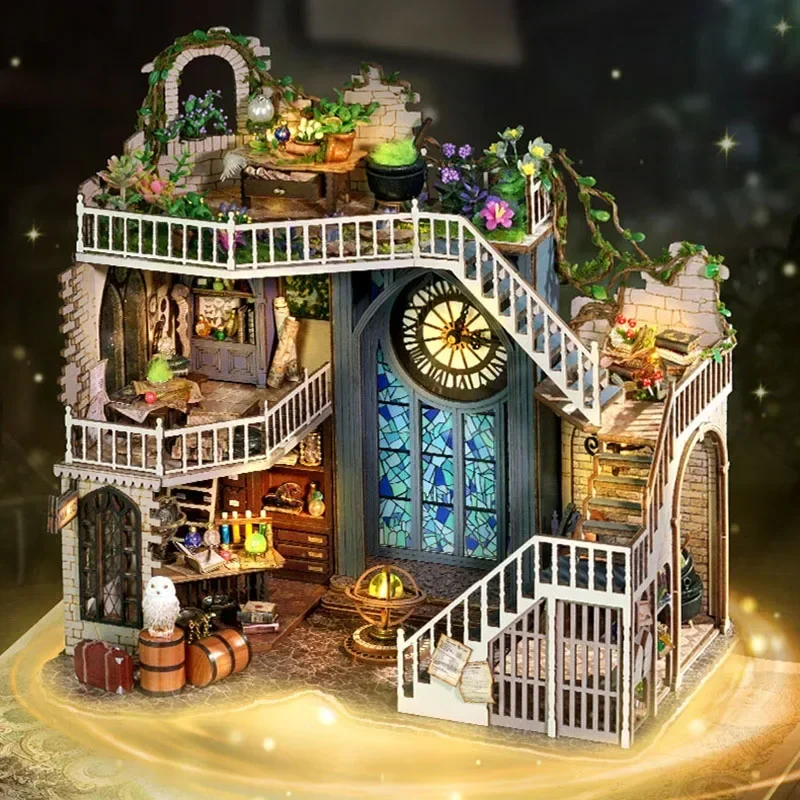 DIY Vintage Magic Theme Style Doll House Toy 3D Wooden  Miniature Dollhouse Toys with Furniture LED Lights