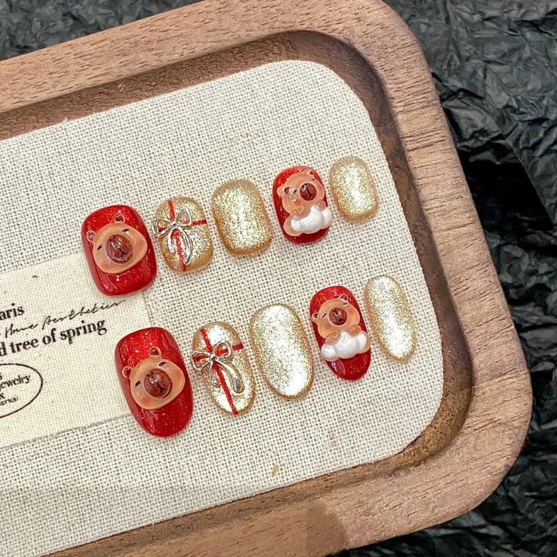 

10 Pieces of Cute Cartoon Handmade Press On Nails Gold Cat Eyes Shiny Capybara Art Fake Nails Removable Reusable