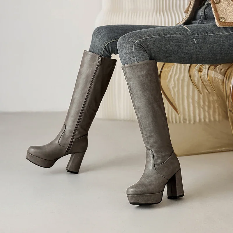 Plus Size Women Platform Knee High Long Boots High Chunky Block Heel Side Zipper PU Boots 2 Kinds Of Lining For Choice