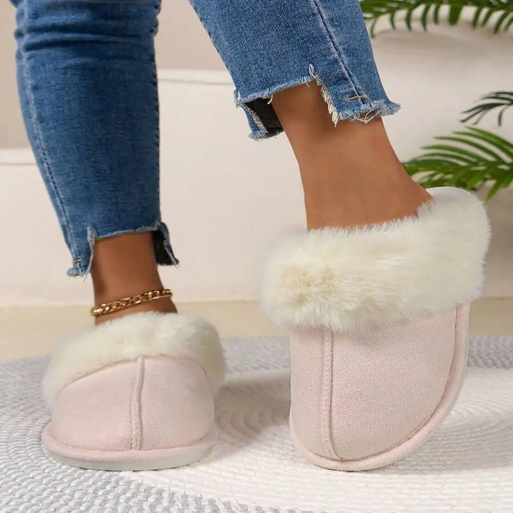 

Comfortable Non Slip Women Slide Slippers Plush Faux Rabbit Fur Durable Faux Suede Lining Shoes