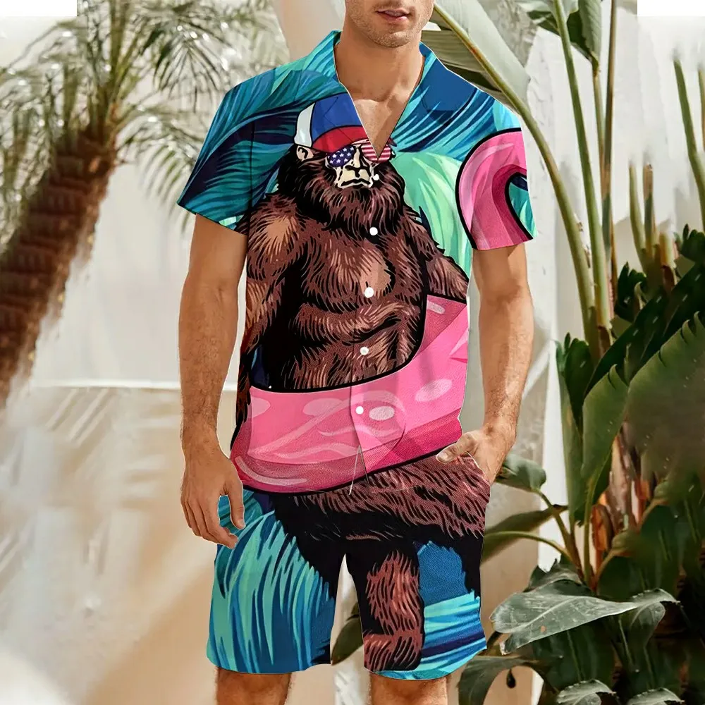 Men's Shirt Set Men's Fashion Shirt + Shorts Two Piece Set Crazy Gorilla 3D Print Hawaiian Shirt Loose Skin Friendly Casual