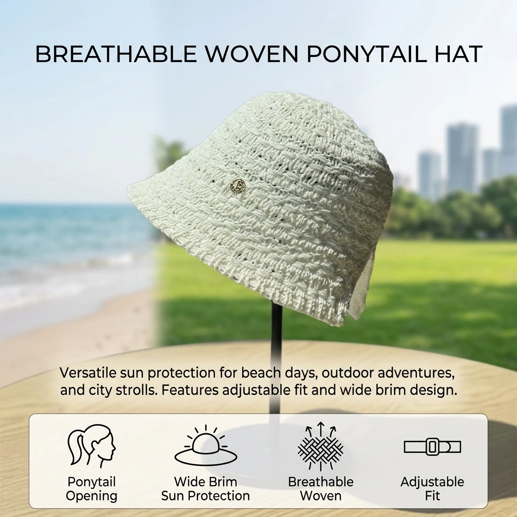 Women's Woven Fisherman Hat With Ponytail Opening Breathable Sun Protections For Outdoor Activities
