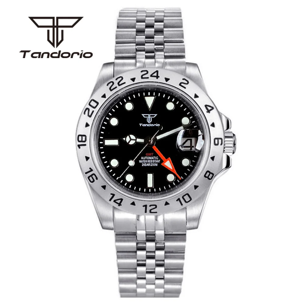 Imagem -04 - Tandorio Stainless Steel 39 mm Nh34a Função Gmt Vestido Relógio de Pulso Automático para Homens Sapphire Glass Black Dial Data Screw Crown