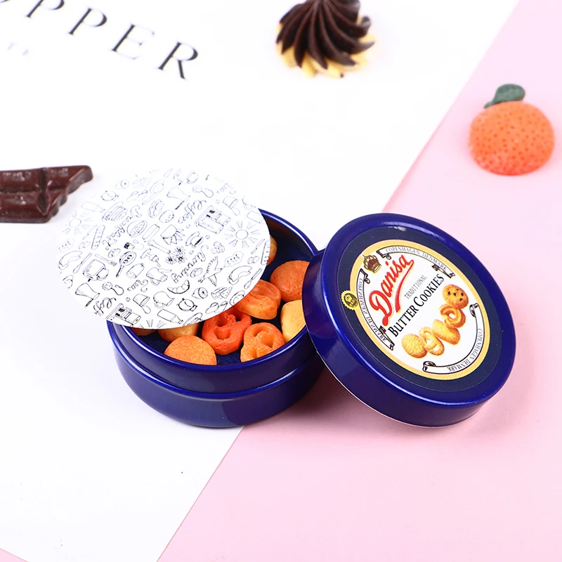 1Pcs 1/12 Dollhouse Miniature Danish Cookie Blue Tin Box Model Set Kitchen Accessories For Doll House Decor Kids Toys Gift