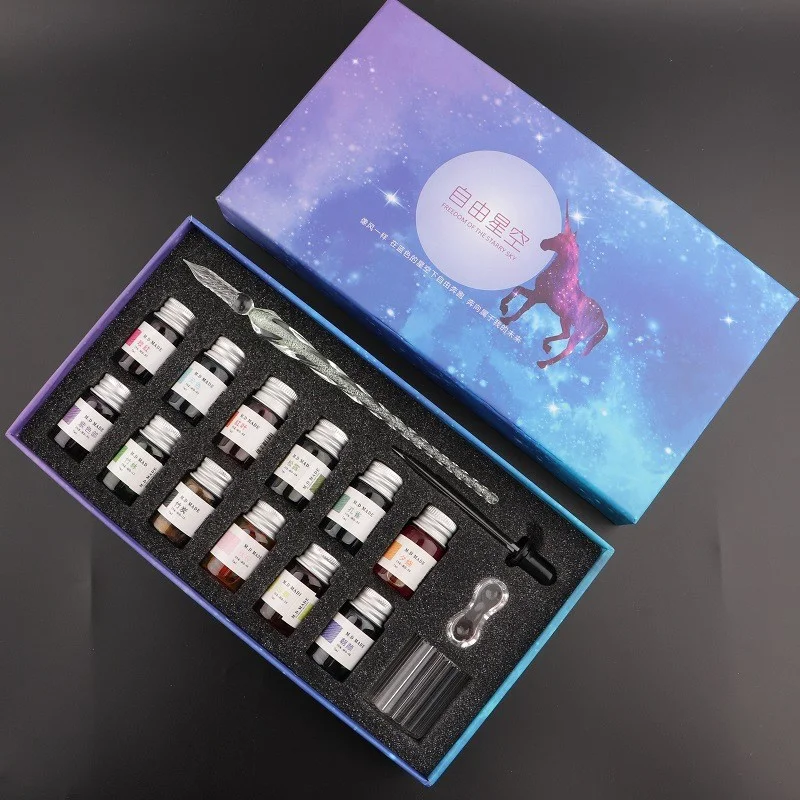 Caneta de imersão de vidro de cristal estrelado, caneta de imersão de vidro vintage para arte, escrita, pintura, assinatura, decoração, conjunto de presente de feriado