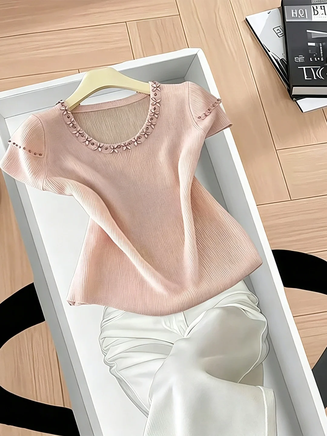 

Korean Style Soft Heavy Bead round Neck Ice Silk Knitted Shirt Summer New Design Short Sleeve Women's Top Comfortable Straigh...