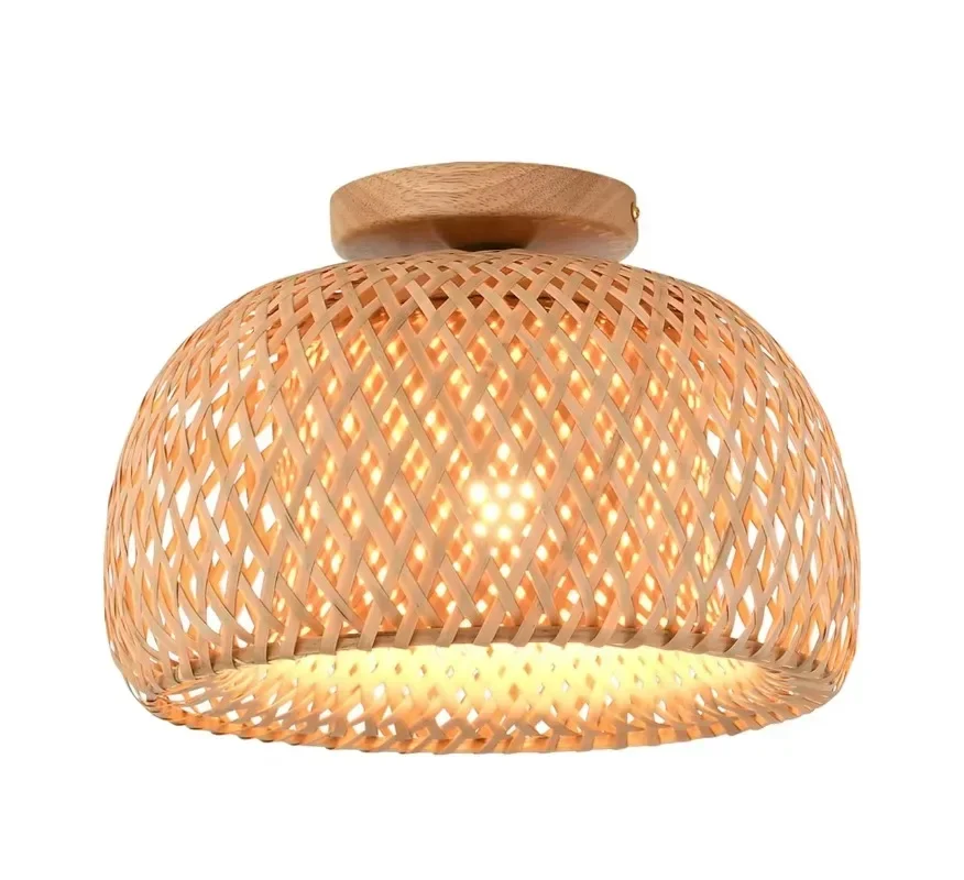 Handmade Boho Bamboo Wicker Ceiling Light Fixture Traditional Farmhouse Bedroom Nursery Hallway Corridor Mount Ceiling Light