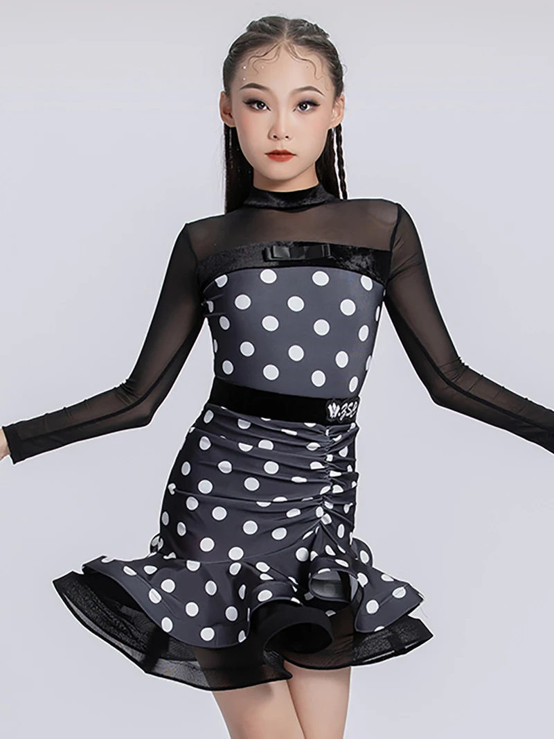 

Kids Girls Long Sleeve Mesh Bodysuit and Fold Black Polka Dot Skirt Latin Dancewear Children Ballroom Dance Competition Dresses