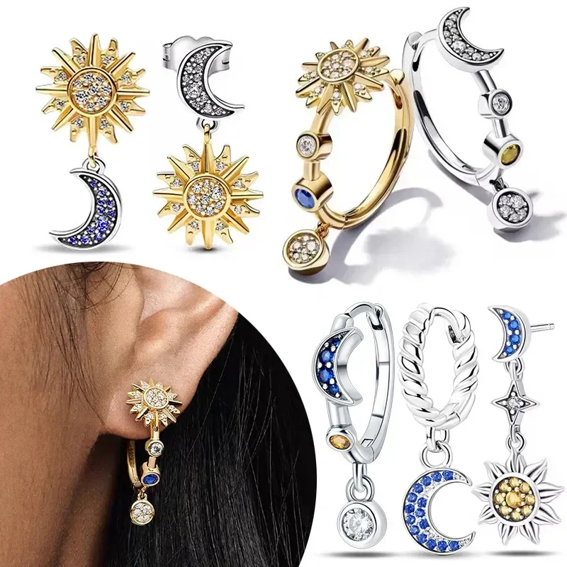 HOT Silver 925 Star Moon Series Hoop Earrings Sparkling Star Moon Luxury Fine Charms Jewelry Earring for Women Party Gift