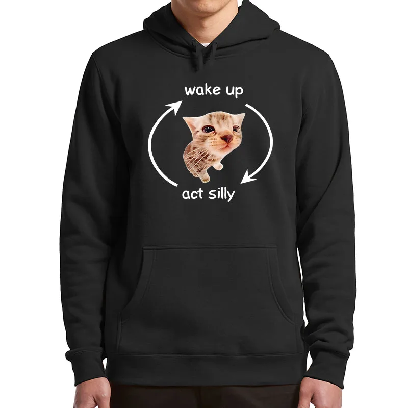 

Wake Up Act Silly Hoodies Cute Cat Meme Graphic Pullover For Men Women Breathable Casual Soft Unisex Hooded Sweatshirt