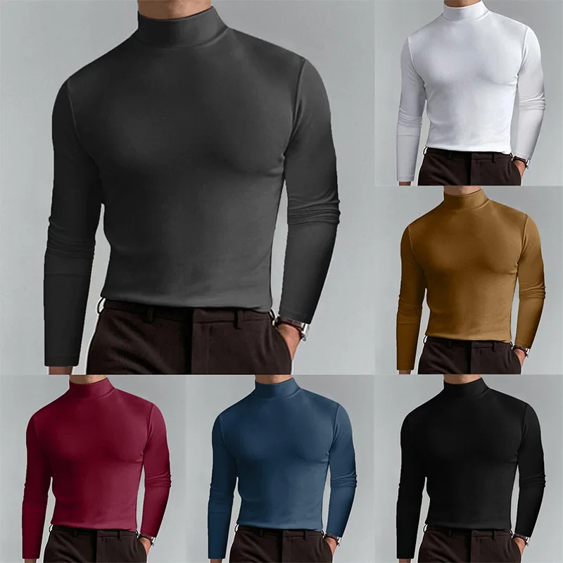 Men Mock Neck Long Sleeve Shirt Slim Fit Basic Solid Color Muscle T-shirt Soft Elastic Casual Bodycon Undershirt Thermal Base
