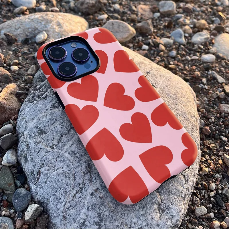 Phone Case for iPhone 16 15 14 13 12 11 X XS XR XSMAX 7 8 Pro Max Plus Luxury Red Love Simple and Fashi Double-layer Back Cover