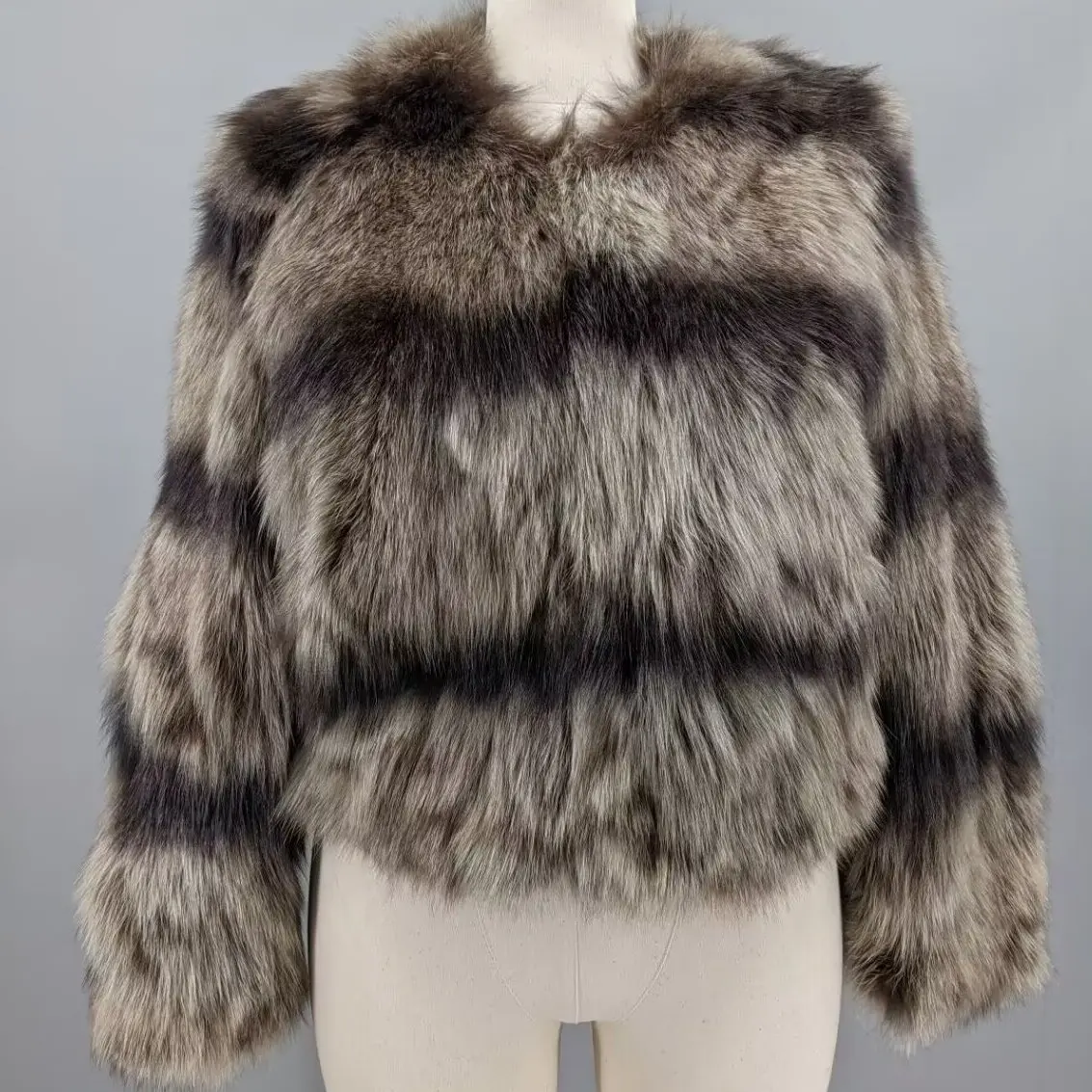 Women Brown Horizontal Striped Real Fox Fur Short Coat Round Collar Open Front Wild Style Fluffy Winter Fur Outerwear 24A1166