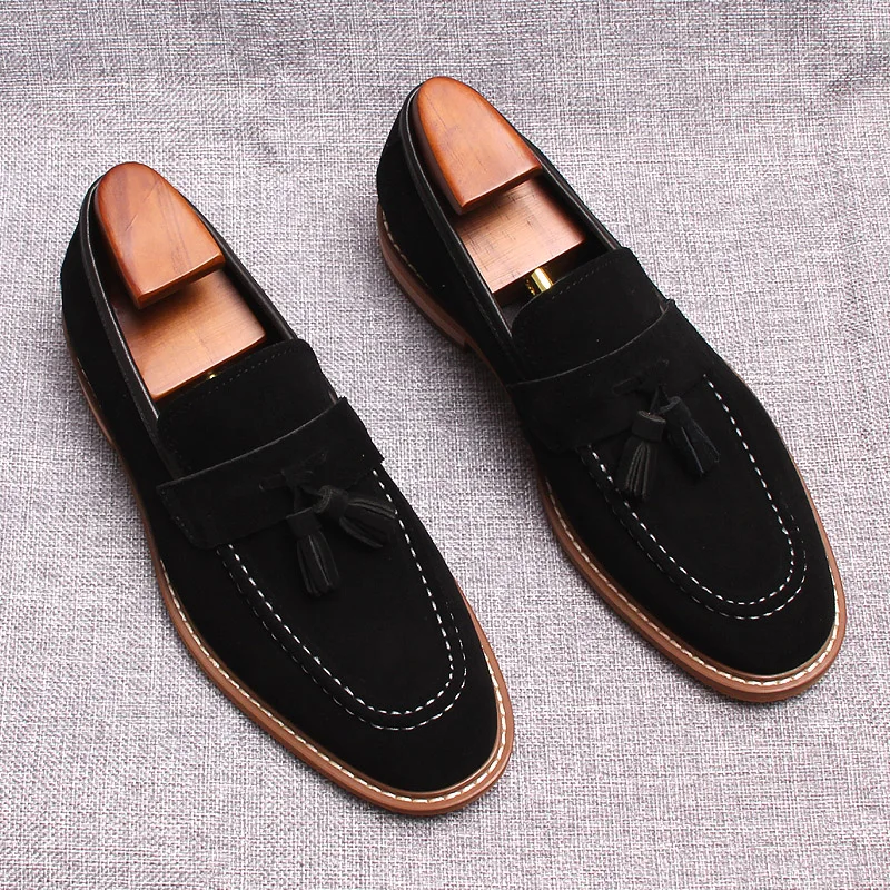 

Genuine Leather Men Handmade Shoes Luxury Suede Loafers Men's Moccasins Tassels Black Brown Wedding Dress Shoes Casual Flats