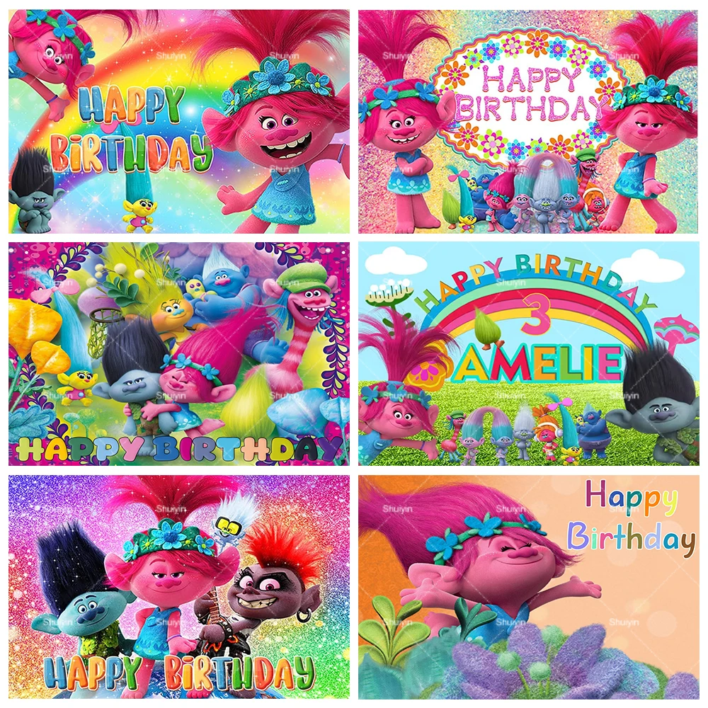

Cartoon Trolls Magic Hair Elf Theme Backdrop Kids Birthday Party Cake Table Decor Banner Baby Shower Gift Photography Background