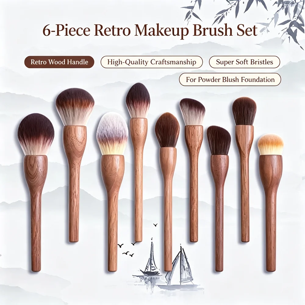 6Pcs Retro Wood Handle Makeup Brushes Set for Loose Powder Foundation Contour Blush Brush, Super Soft High Quality Makeup Tool
