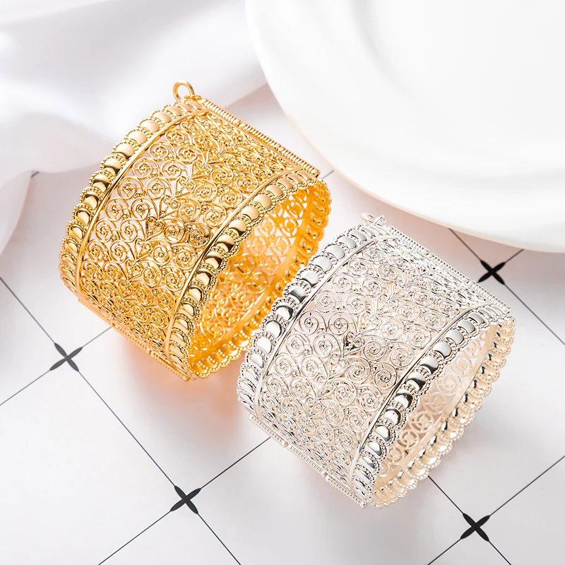 

Arab Gold Plated Bangle Jewelery Big Size Wide Wrist Accessories Hollow Flower Bracelet Court Style Algerian Wedding Bride Bijou