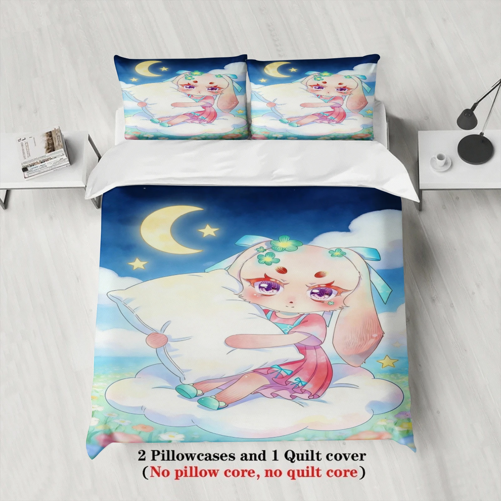 Softville Cozy Town 3PCS Bedding Sets Lop Rabbit Starry Night Sky With Moon Pint Duvet Cover No filling Cartoon Style Queen Size