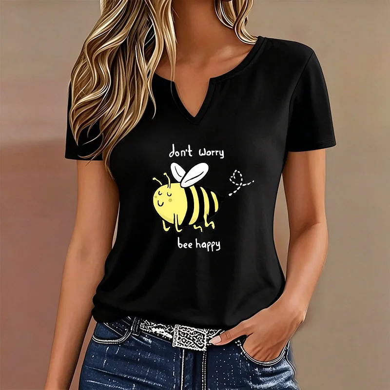 Fashion Kawaii Bee T-shirt V Neck Casual Animal Printed T Shirts Women Short Sleeve Tee Shirt V-Neck Summer Spring Tops