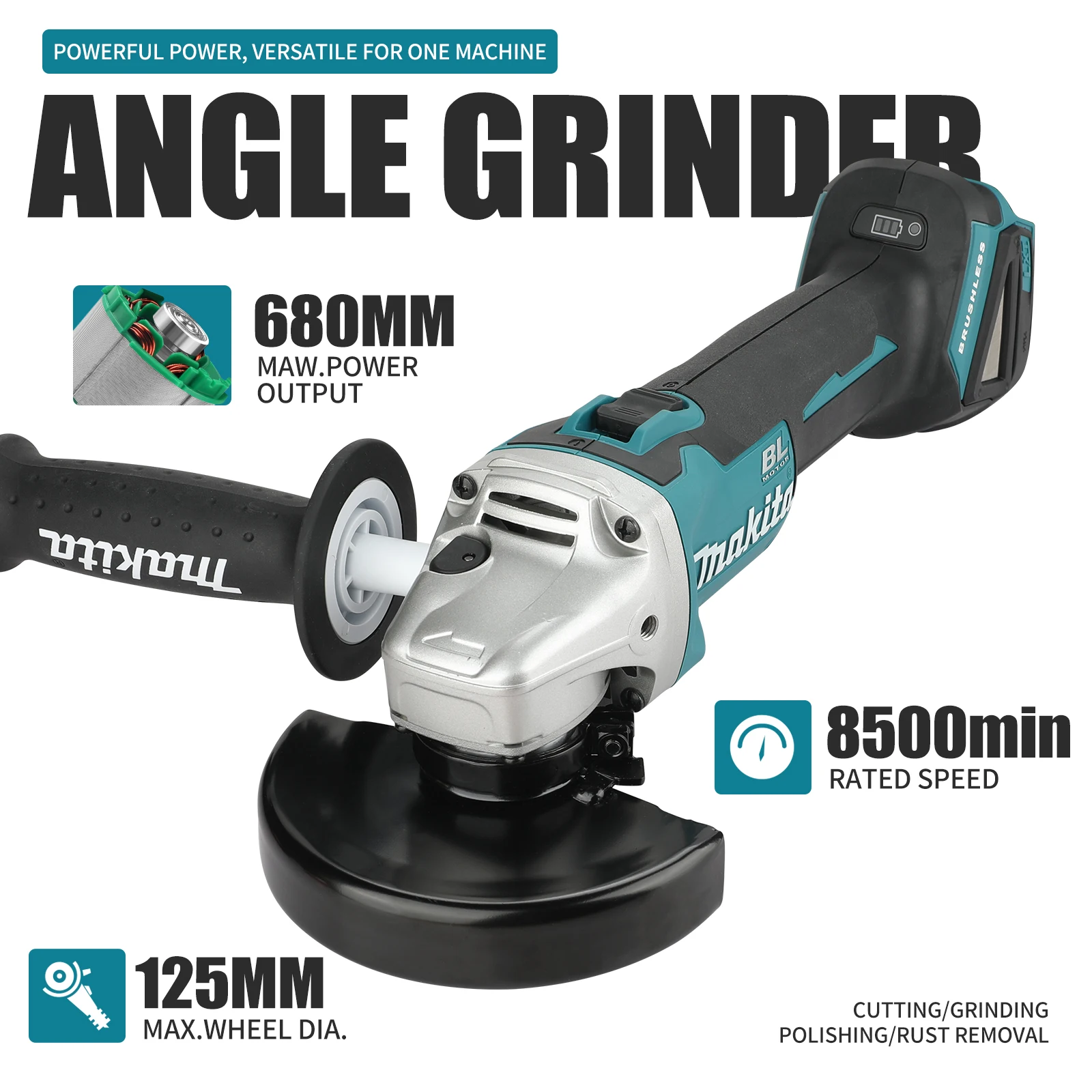 Makita DGA504 18V 125mm Brushless Lithium Electric Angle Grinder Rechargeable Polishing Machine Cutting Machine High Power