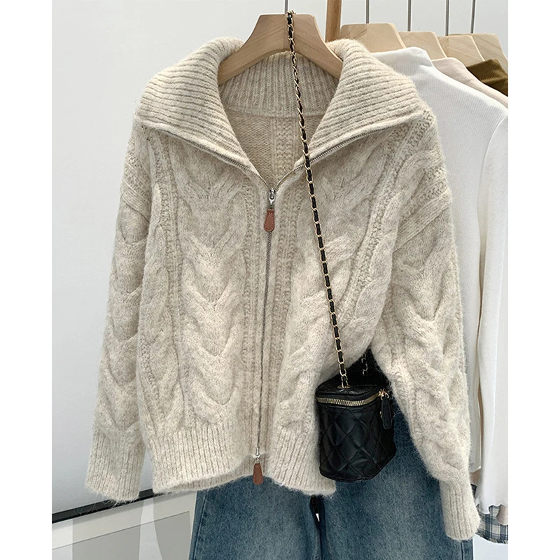 Women Cable Knit Zip Up Cardigan Lapel Collar Sweater Oversized Drop Shoulder Jumper Cozy Warm Autumn Winter Coat Top