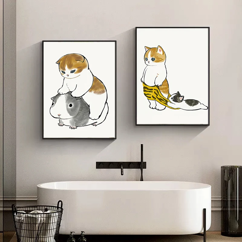 Toilet Cat Playing Mobile Phone Paper Poster Simple Pet Prints Canvas Painting Wall Art Pictures Home Bathroom Room Decoratio