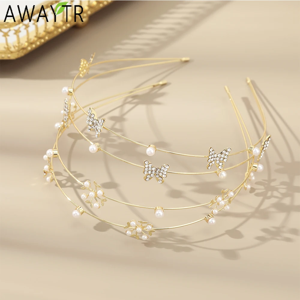 AWAYTR Luxury Golden Women\'s Hairband Pearl Decorated Hair Bands Alloy Hoop Braided Headband For Adult Girls Headwear