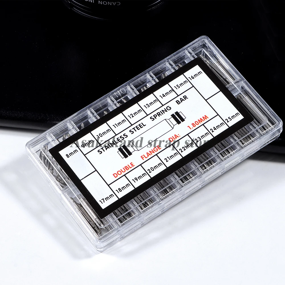 Barras de mola de aço inoxidável, kit de reparo de relógio-270/360 peças, barras de mola sem costura, atacado, tamanho 8-25mm, plástico durável e caixa de metal